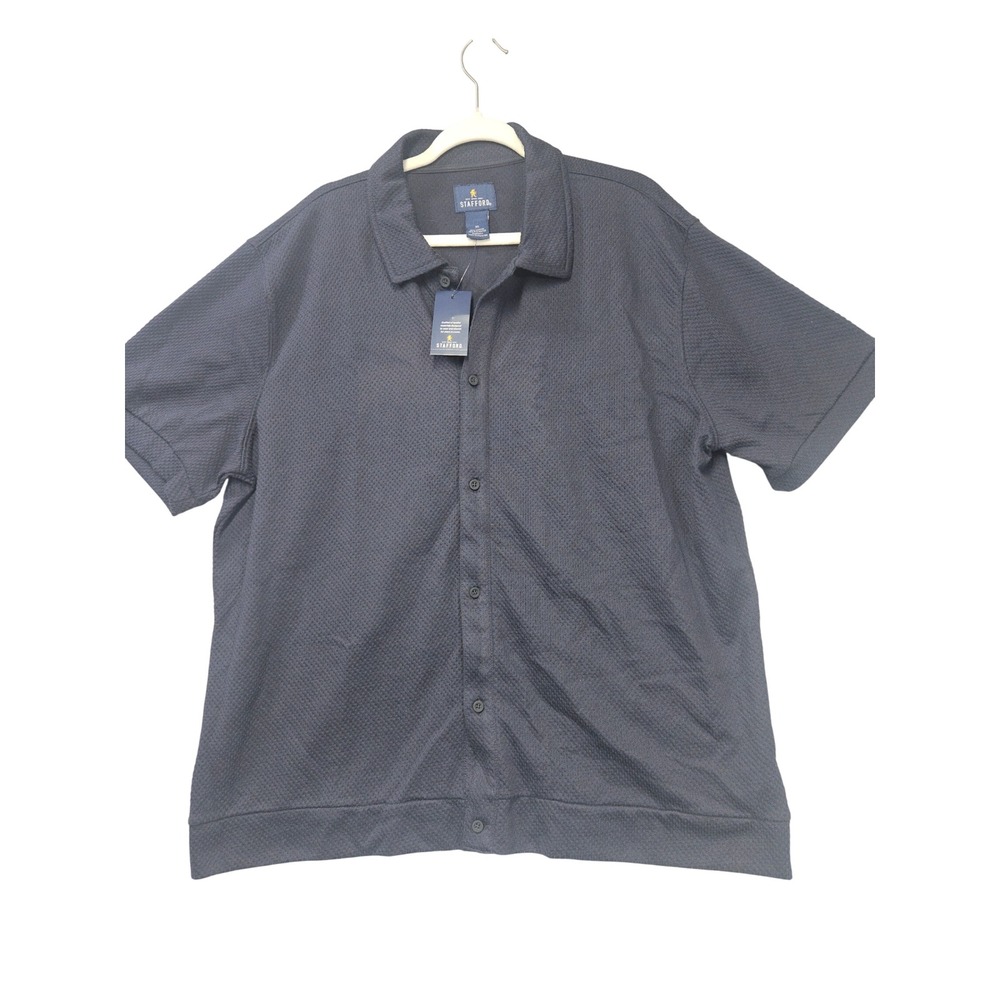 Stafford Mens XL Navy Blue Textured Waffle Knit Short Sleeve Button Up Shirt NEW